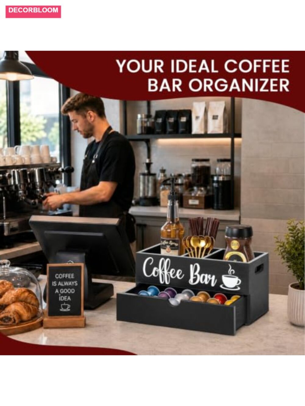 Farmhouse Coffee Station Organizer with Drawer | Wood Coffee Bar Holder for - Picture 5 of 6